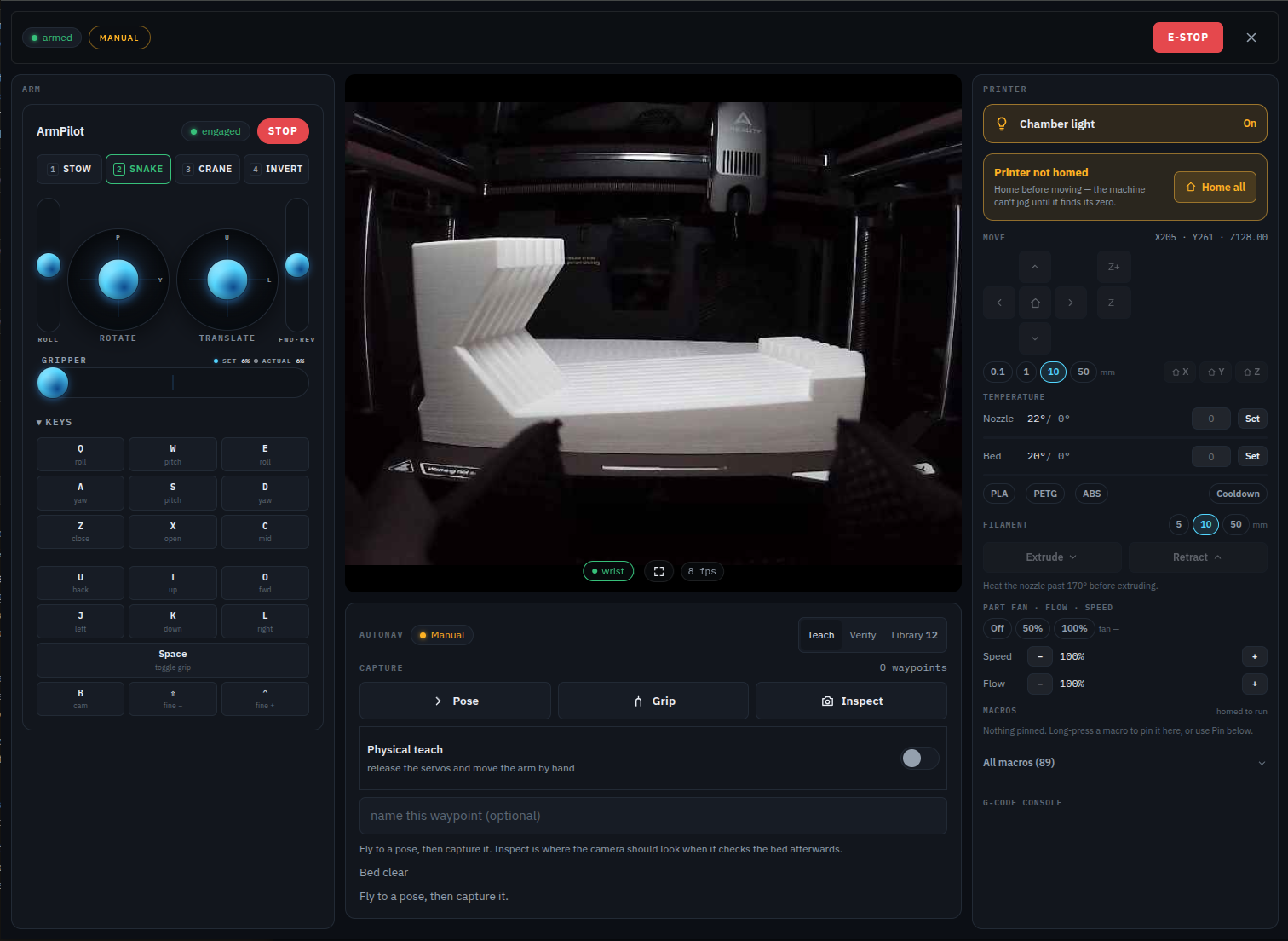 ArmPilot browser interface: live wrist camera, jog controls, and printer panel