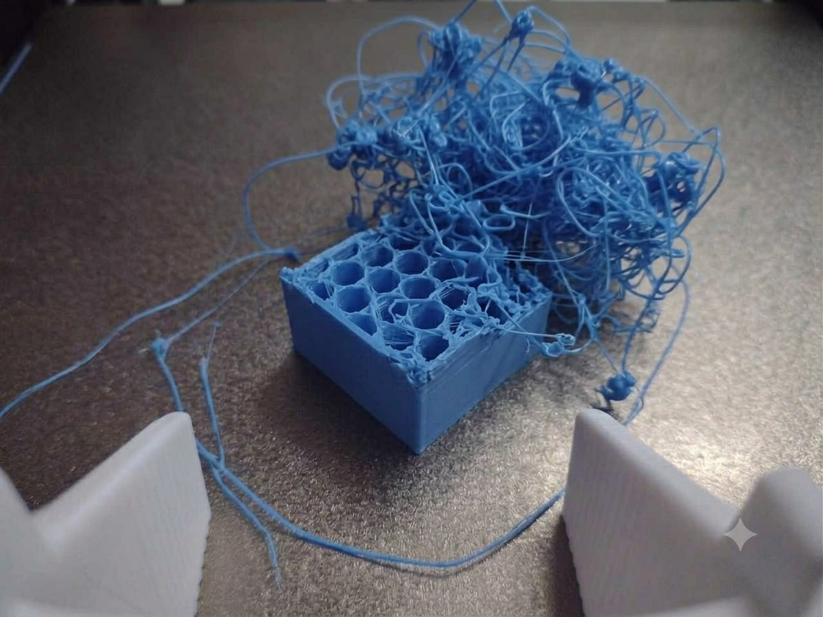 Wrist-camera check: a failed print buried in a tangle of stringing on the bed