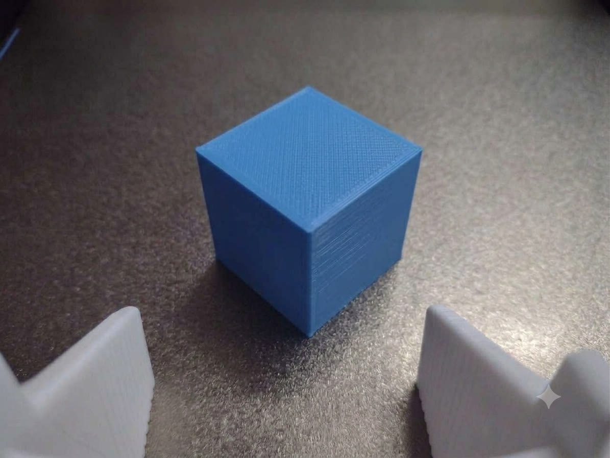 Wrist-camera check: a finished blue part sitting on the print bed, gripper fingers at the edge of frame
